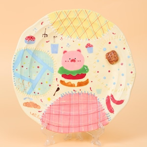 Hamburger Piggy Ceramic Round Plate Handmade Pink Piggy Patchwork Dinner Plate 3D Cookie Accent Mix Gingham Dessert Dish Pottery Gift Her