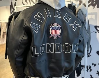 Avirex Men’s Black LONDON ICON Bomber Jacket Genuine Cowhide Leather American Flight Jacket