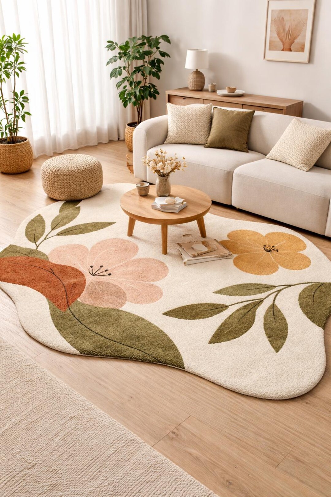Hand Tufted Wool Rug: Abstract Floral Irregular Shape Modern Botanical ...