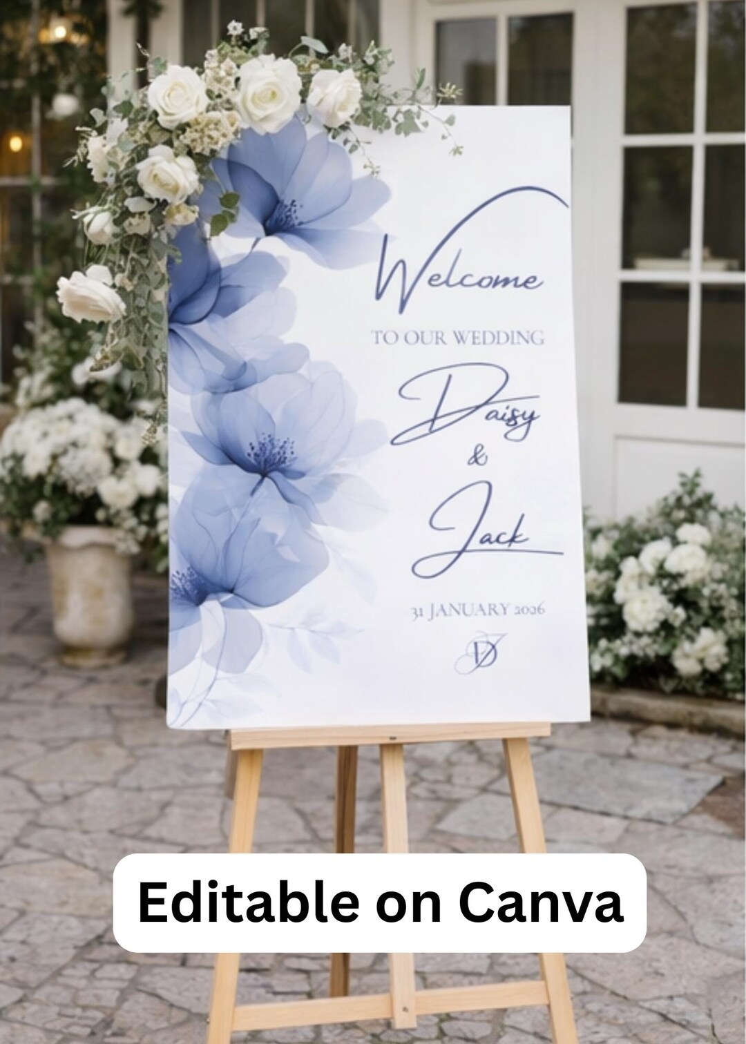 Editable Wedding Welcome Sign Template Blue Floral | Canva Printable ...