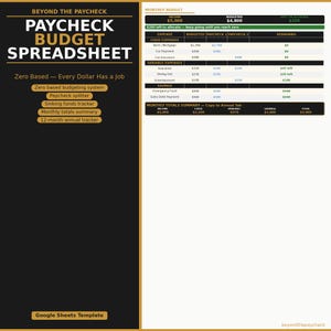May include: A digital spreadsheet titled "Paycheck Budget Spreadsheet" with a black and gold color scheme. The spreadsheet includes sections for income, expenses, and savings, with a focus on zero-based budgeting. The text "Zero Based - Every Dollar Has a Job" is also visible.