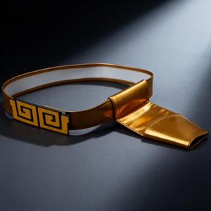 Puede incluir: Un cintur&oacute;n dorado con interior blanco y una hebilla rectangular con dos dise&ntilde;os cuadrados negros. El cintur&oacute;n tiene un brillo met&aacute;lico y una bolsa dorada a juego.