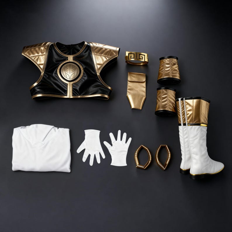 Puede incluir: Un conjunto de disfraz con un chaleco negro y dorado, guantes blancos, una camisa blanca, brazaletes dorados, pu&ntilde;os de pierna dorados, un cintur&oacute;n dorado y botas blancas con detalles dorados. El disfraz est&aacute; sobre una superficie negra.