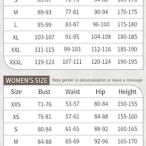 Puede incluir: Tabla de tallas de ropa para hombre y mujer, con medidas de pecho, cintura, cadera y altura. Tallas desde XXS hasta XXXL. Incluye una nota para especificar el g&eacute;nero en la personalizaci&oacute;n.