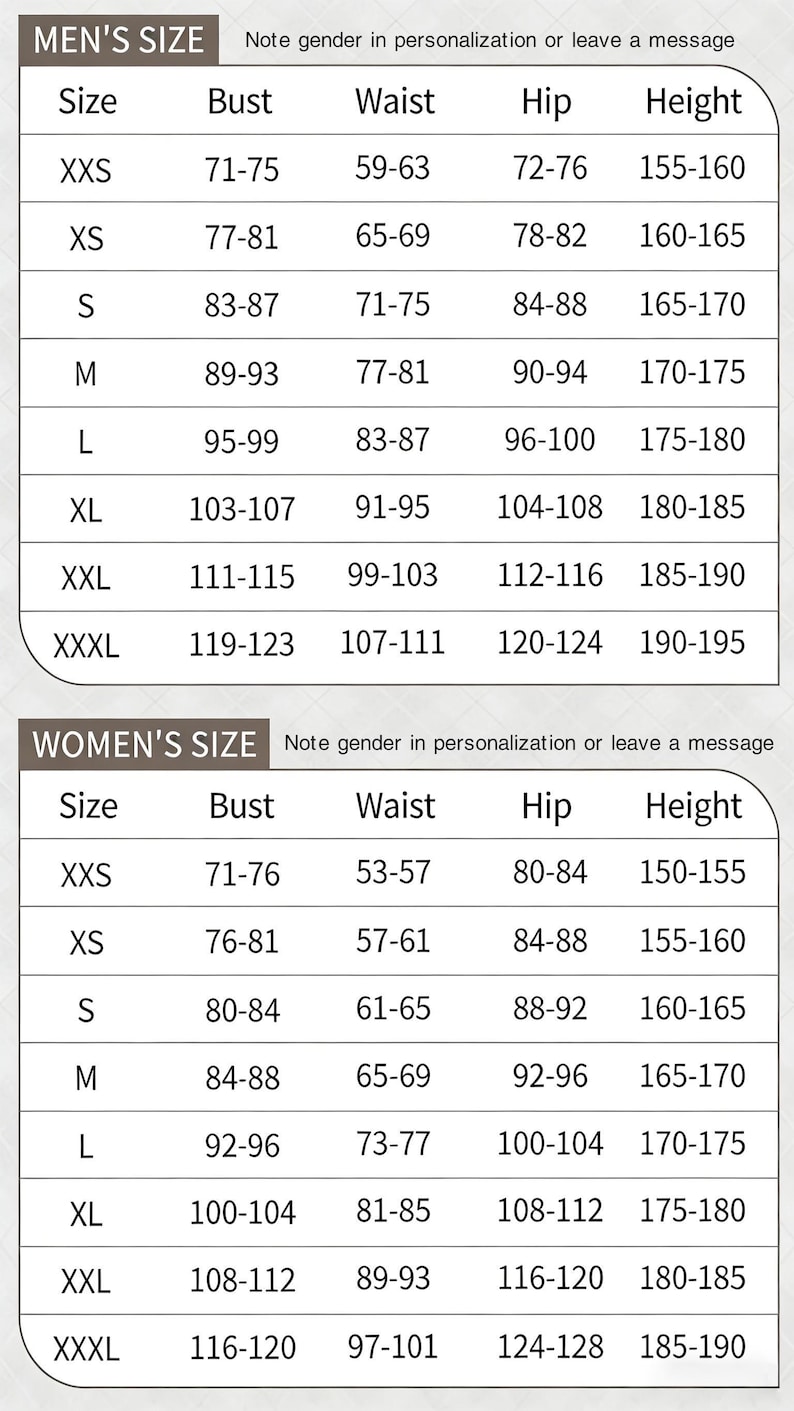 Puede incluir: Tabla de tallas de ropa para hombre y mujer, con medidas de pecho, cintura, cadera y altura. Tallas desde XXS hasta XXXL. Incluye una nota para especificar el g&eacute;nero en la personalizaci&oacute;n.