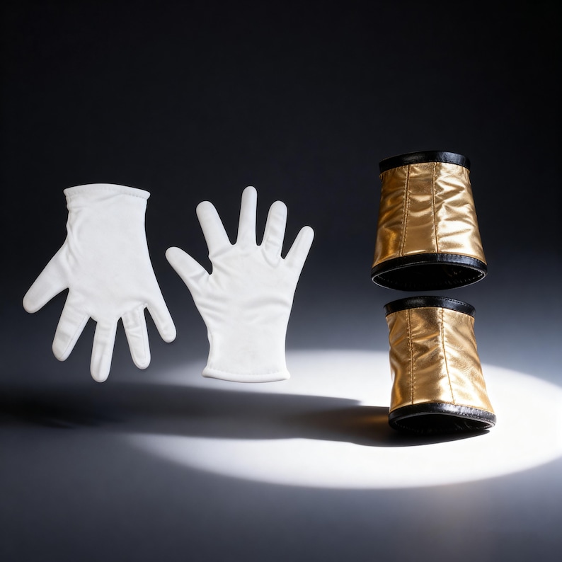 Puede incluir: Dos guantes blancos y dos pu&ntilde;os dorados con ribete negro se muestran sobre un fondo oscuro. Los guantes est&aacute;n hechos de una tela blanca lisa. Los pu&ntilde;os tienen un aspecto brillante y met&aacute;lico.