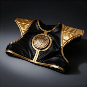 Puede incluir: Chaleco de disfraz negro y dorado con un emblema circular. El chaleco presenta detalles dorados en los bordes y los hombros. El emblema central es dorado con un dise&ntilde;o estilizado. El chaleco parece estar hecho de un material brillante, posiblemente similar al cuero.