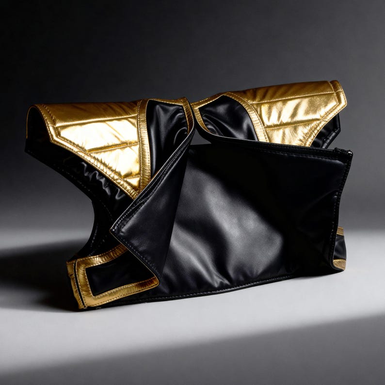 Puede incluir: Un clutch negro y dorado con un dise&ntilde;o &uacute;nico. El clutch presenta detalles y ribetes dorados acolchados, con un interior negro. El bolso tiene una forma estructurada y parece estar hecho de un material brillante.