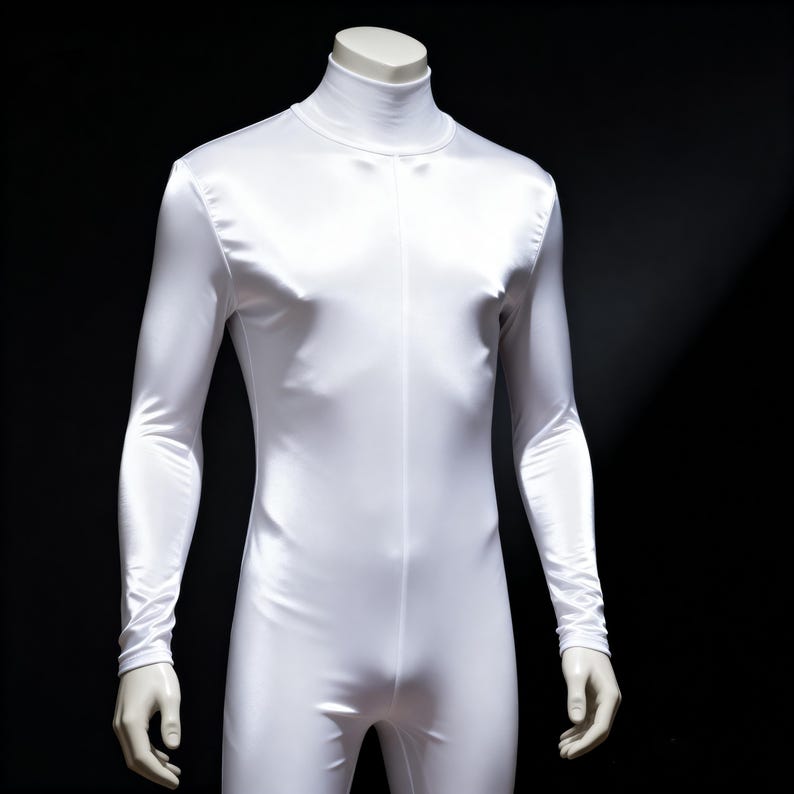 Puede incluir: Un body blanco de manga larga con cuello alto, exhibido en un maniqu&iacute;. La tela tiene un ligero brillo y la prenda es ajustada. El fondo es negro, resaltando el color blanco brillante del body.
