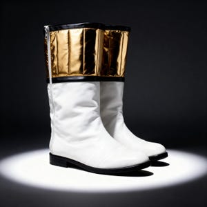 Puede incluir: Un par de botas blancas con una secci&oacute;n superior dorada acolchada y ribete negro. Las botas tienen una cremallera lateral y una suela negra. Iluminadas por un foco sobre un fondo oscuro.