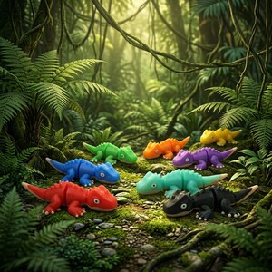 May include: A collection of colorful toy dinosaurs in a lush, green jungle setting. The dinosaurs are in various colors, including red, blue, green, orange, purple, yellow, teal, and black. The toys are arranged on a mossy forest floor.
