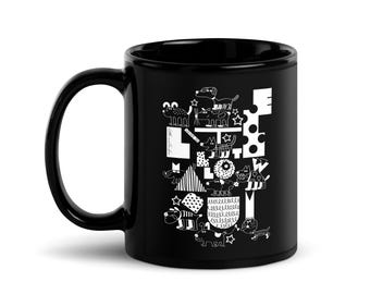 Taza minimalista negra brillante con diseño de perro, taza de café de cerámica monocromática, regalo único para amantes de los perros, taza de té de estética moderna.