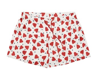 Pantalones cortos de pijama de satén sedoso con estampado de corazones rojos, ropa de estar por casa romántica para mujer.