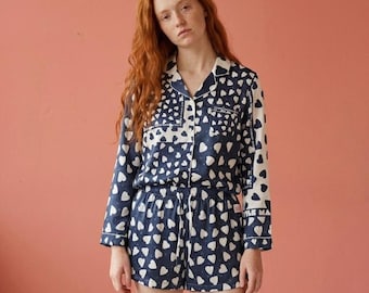 Navy Heart Patchwork Silky Satin Pajama Top, Long Sleeve Loungewear for Women