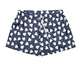 Pantalones cortos de pijama de satén sedoso con estampado de corazones azul marino, ropa de estar por casa romántica para mujer.