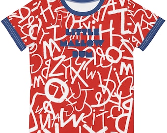 Camiseta infantil colorida con estampado integral del alfabeto – Camiseta de cuello redondo roja, blanca y azul, tops divertidos y únicos.