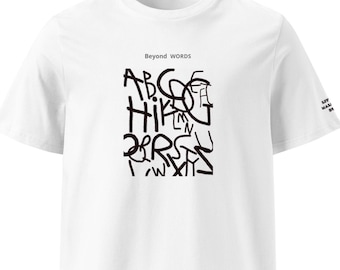 Camiseta minimalista con tipografía abstracta dibujada a mano - 100% algodón orgánico, color negro, con estampado de letras y tinta ecológica.