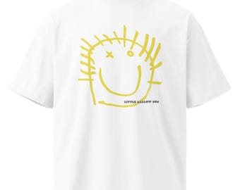 Camiseta unisex extragrande de algodón orgánico con estampado de sonrisa, cuello alto, estilo streetwear y gráfico abstracto.
