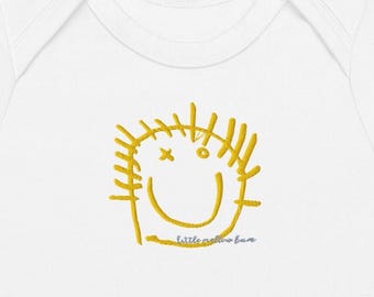 Body de bebé de algodón orgánico bordado, body con sonrisa dibujada a mano original, ropa minimalista para recién nacidos.