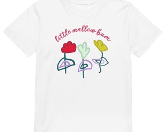 Camiseta infantil 100% algodón orgánico, camiseta infantil con estampado floral colorido, camiseta floral dibujada a mano, estampado de flores