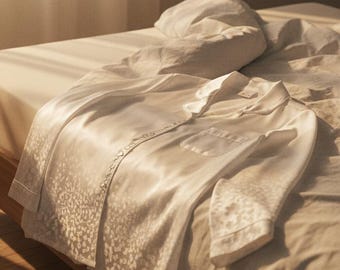 Elegantes tops de pijama sedosos, ropa de dormir con estampado floral botánico, pijama minimalista para el autocuidado, camisa blanca abotonada.