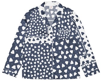 Top de pijama de satén sedoso con estampado de corazones azul marino, manga larga, ropa de estar por casa para mujer.