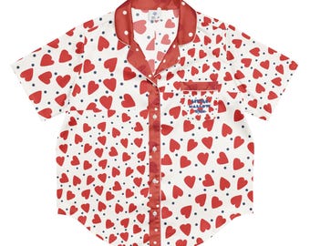 Top de pijama de satén sedoso con estampado de corazones azul marino, manga corta, ropa de estar por casa para mujer.
