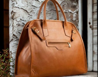 Bolso de viaje grande de piel de grano completo color coñac, ideal para viajes y escapadas de fin de semana.