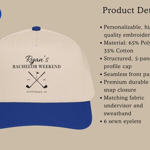 May include: A natural-colored cap with a royal blue brim, featuring a seamless front panel and six sewn eyelets. The front displays black text reading Ryan's BACHELOR WEEKEND, 2026, and a graphic of two crossed golf clubs with a flag.