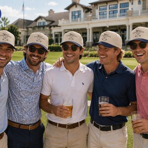 May include: A navy and natural colored baseball cap featuring a structured crown and a curved brim. The front panel displays a graphic of two crossed golf clubs with the text Ryan's Golf Weekend printed in a dark font above the clubs.