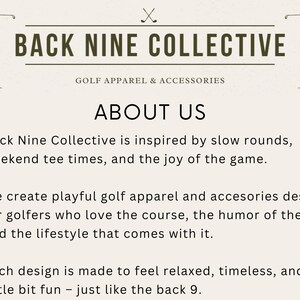 May include: A beige informational graphic titled BACK NINE COLLECTIVE GOLF APPAREL & ACCESSORIES. It features two illustrations of golfers in mid-swing, small golf club icons, and text describing the brand's focus on golf apparel and accessories.