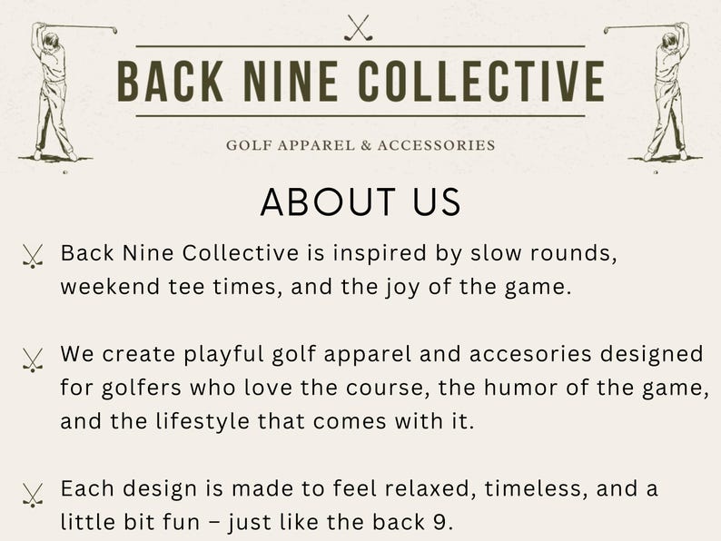 May include: A beige informational graphic titled BACK NINE COLLECTIVE GOLF APPAREL & ACCESSORIES. It features two illustrations of golfers in mid-swing, small golf club icons, and text describing the brand's focus on golf apparel and accessories.