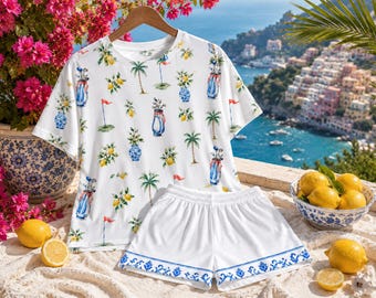 Italienischer Sommer Golf Pyjamas Frauen - Positano mediterranes kurzes PJ Set - Preppy Country Club Nachtwäsche - Luxus Golf Cart Lounge PJs