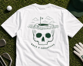 T-shirt da golf Comfort Colors Skull Island verde - Maglietta grafica unica per golfisti - Abbigliamento streetwear grintoso per il golf - Regalo alternativo per golfisti, uomini e papà