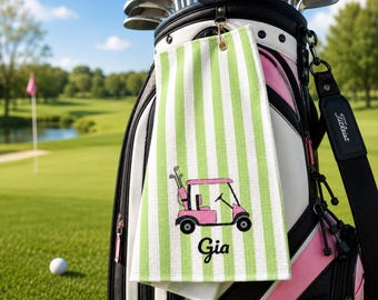 Asciugamano da golf personalizzato con nome a scelta - Design a righe verdi e bianche con carrello da golf - Accessori da golf preppy - Regalo per donne/damigelle d'onore