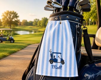 Asciugamano da golf personalizzato con nome a scelta - Design a righe blu e bianche con carrello da golf - Accessori da golf preppy - Regalo per uomini e testimoni dello sposo