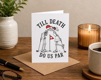 Tarjeta de golf "Que la muerte nos haga par", tarjeta divertida de aniversario de golf, tarjeta de pareja de esqueletos, tarjeta de boda de golfistas, regalo para amantes del golf para parejas