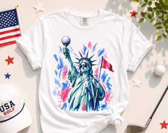 Maglietta da golf Comfort Colors per il 4 luglio, maglietta da golf patriottica, maglietta con la Statua della Libertà, maglietta da golf USA, regalo per gli amanti del golf, maglietta con grafica americana