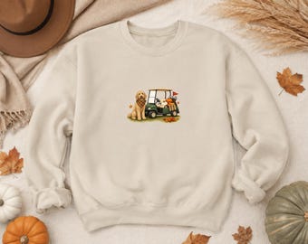 Sudadera de golf personalizada para perros, sudadera Gildan personalizada para mascotas, golf de otoño, regalo para amantes de los perros, regalo personalizado para golfistas, sudadera con calabaza y carrito de golf.
