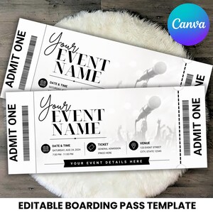 May include: Two white rectangular event tickets with black text and a grayscale concert background featuring a microphone. The tickets include fields for event name, date, time, venue, and a barcode. The text reads ADMIT ONE and YOUR EVENT NAME.