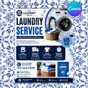 May include: Laundry service advertisement with a blue and white floral design. The ad features a washing machine, a basket of laundry, and text promoting wash, dry, fold, pickup, stain treatment, and same-day service. The ad offers $25 off the first service.