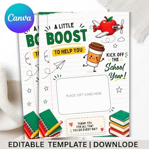 May include: A printable gift card holder template on lined paper featuring a red apple airplane, a smiling coffee cup, and stacks of books. Text includes A LITTLE BOOST TO HELP YOU, KICK OFF THE SCHOOL YEAR, PLACE GIFT CARD HERE, and THANK YOU FOR ALL THAT YOU DO EVERY DAY.