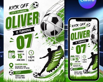 May include: A soccer-themed birthday invitation for Oliver turning 07, featuring a green and white design with a soccer ball in a net, a player silhouette, and event details including Sunday, June 15th, 2025, at Champion Arena, 4:00 PM to 7:00 PM.