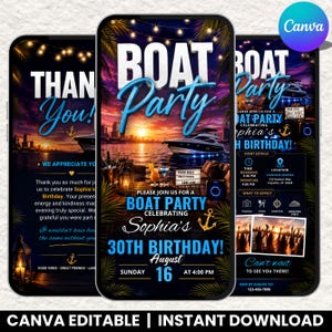 Op de afbeelding: Een digitale uitnodigingsset voor een bootfeest met een zonsondergang boven water, lichtsnoeren en palmbladeren. De tekst bevat BOAT PARTY, Sophia's 30th Birthday, August 16 en evenementdetails in blauwe en witte typografie.