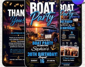 Plantilla de invitación para fiesta en barco, invitación digital para fiesta de cumpleaños en barco, fiesta animada en pontón con crucero por el lago o la playa, invitación editable en Canva.