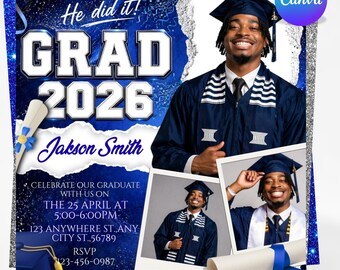 Folleto de graduación azul 2026, invitación a fiesta de graduación, plantilla editable de Canva, folleto de graduación de secundaria y universidad, descarga instantánea.