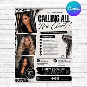 May include: A promotional flyer for a hair salon with the text "CALLING ALL New Clients!" and images of women with various hairstyles. The flyer lists services like sleek styling, wig setup, and hair color transformations. It also includes a discount for first-time clients.