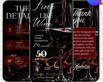 Invitación de cumpleaños con cata de vino tinto, invitación animada para fiesta de vino, invitación digital editable en Canva, elegante invitación de cumpleaños para adultos, descarga instantánea.
