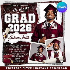May include: A graduation announcement flyer featuring a maroon and silver theme with the text He did it! GRAD 2026 Jakson Smith. It includes photos of a graduate in a maroon cap and gown, a diploma graphic, and event details for April 25th.