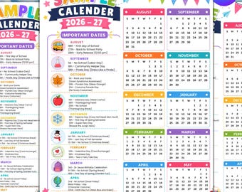 Editable School Calendar 2026-2027, Printable Year at a Glance Template, Montessori Preschool Calendar, Canva Download